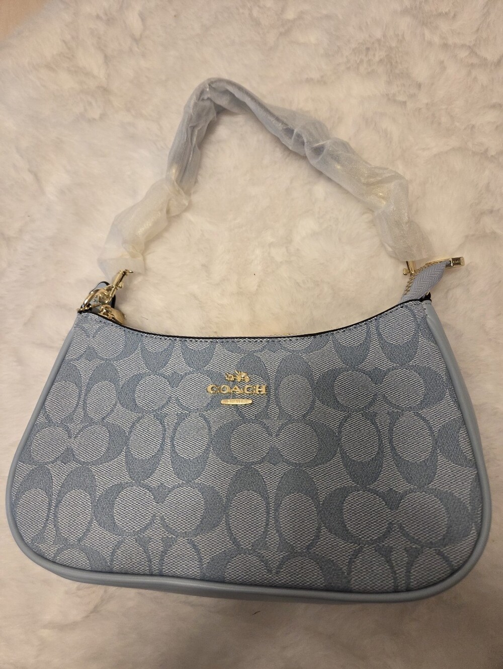 Coach Pale Blue Signature Jacquard Shoulder Bag with Gold Hardware